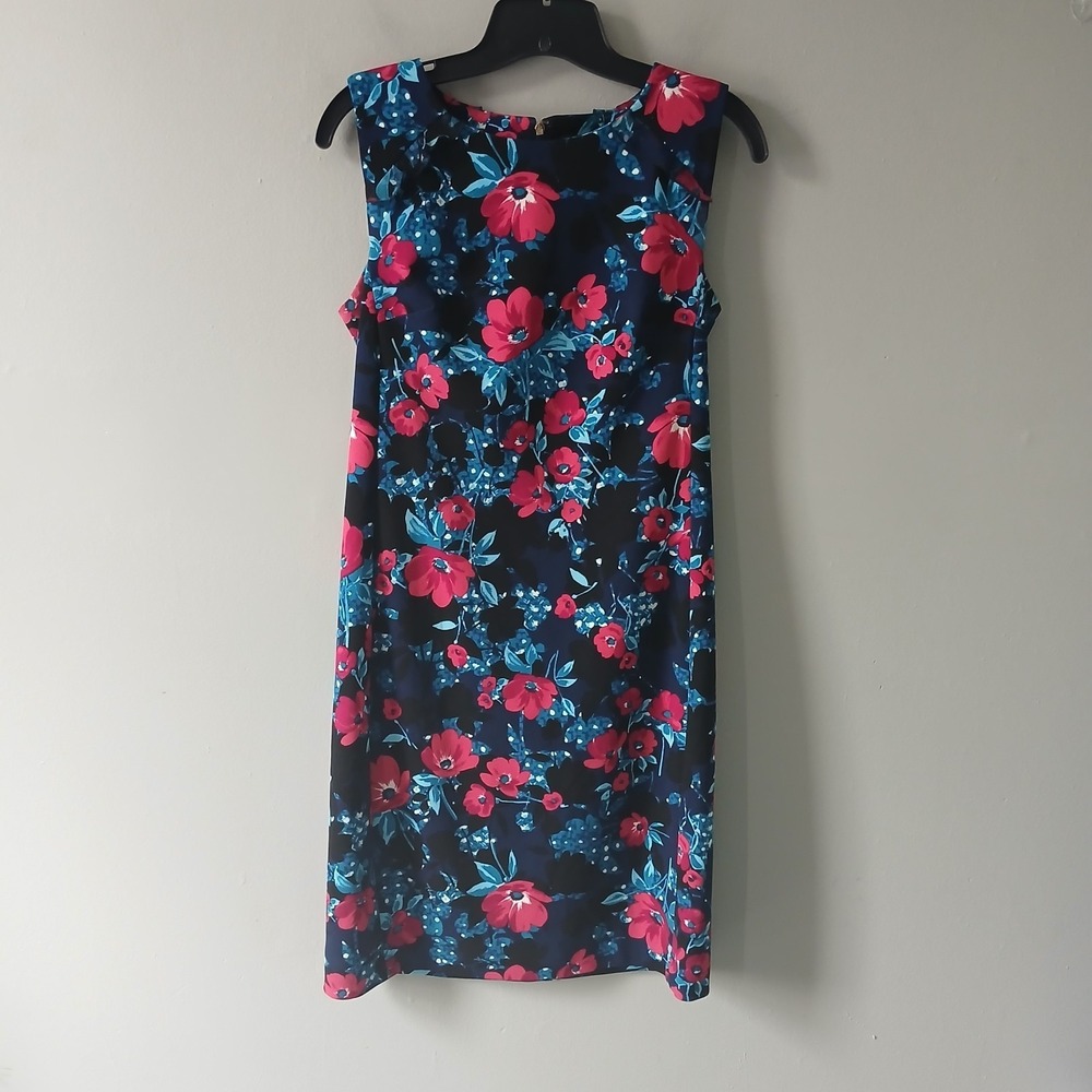 Karl Lagerfeld Women's Size 4 Sleeveless‎ Floral Midi Dress Ruffle Zipper Navy